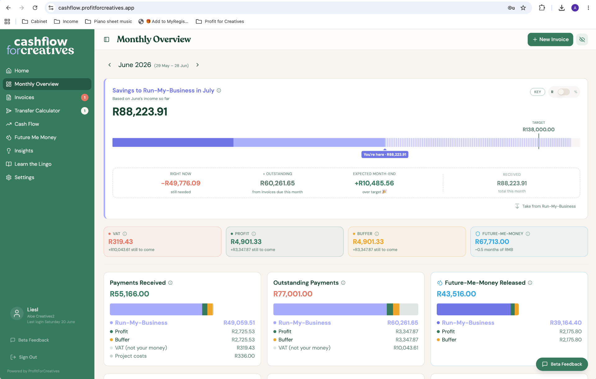 Cash Flow for Creatives — Monthly Overview money dashboard
